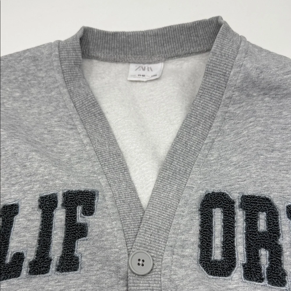 Zara Kids Long Sleeve Gray Button Up ‘California' Cardigan Style Sweatshirt